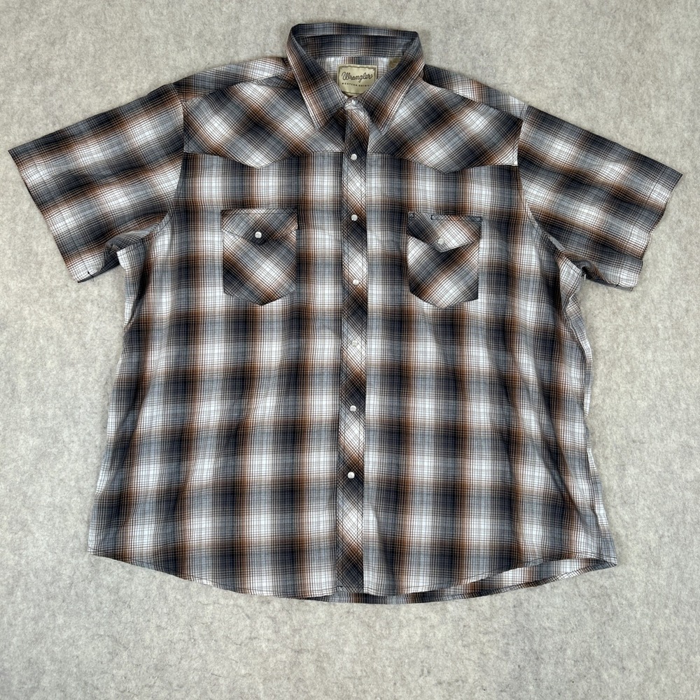 Wrangler‎ Western Shirt Mens 3XL Plaid Brown Short Sleeve Pearl Snap